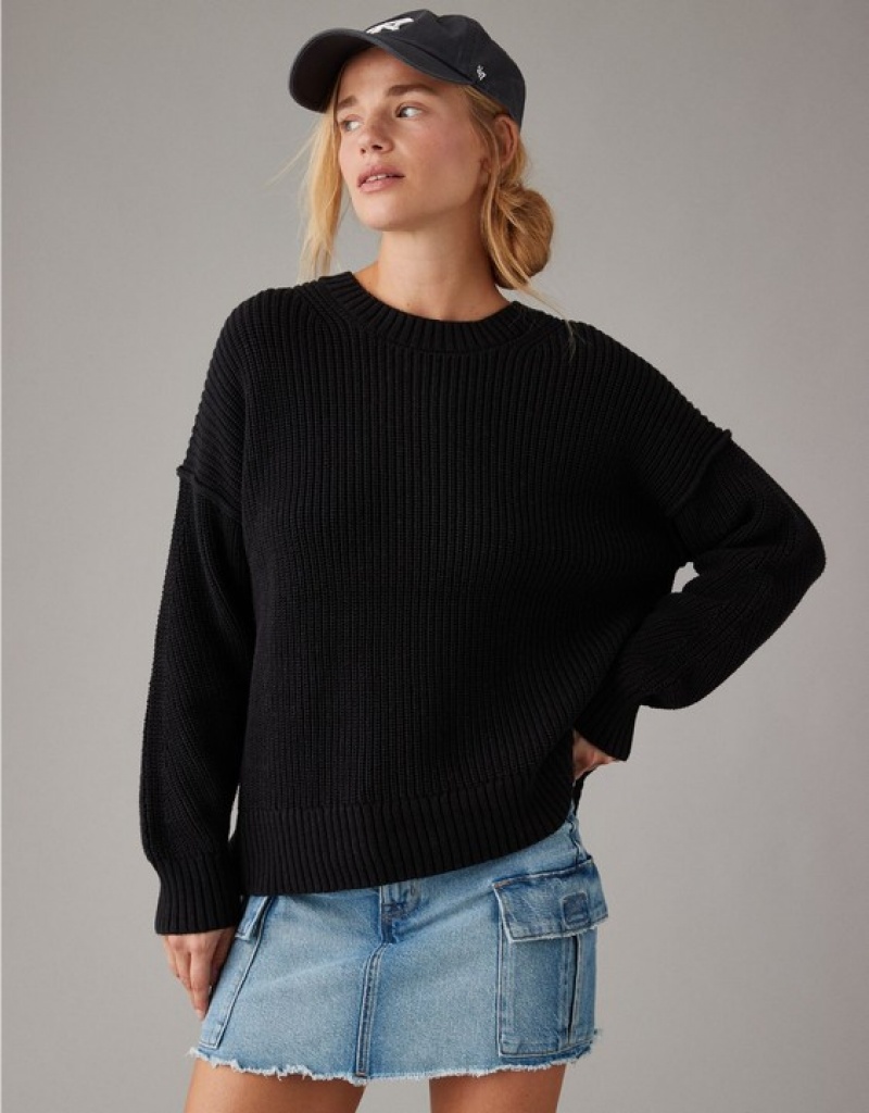 Aerie Long Weekend Crewneck Sweater Black | 9148IFUNQ