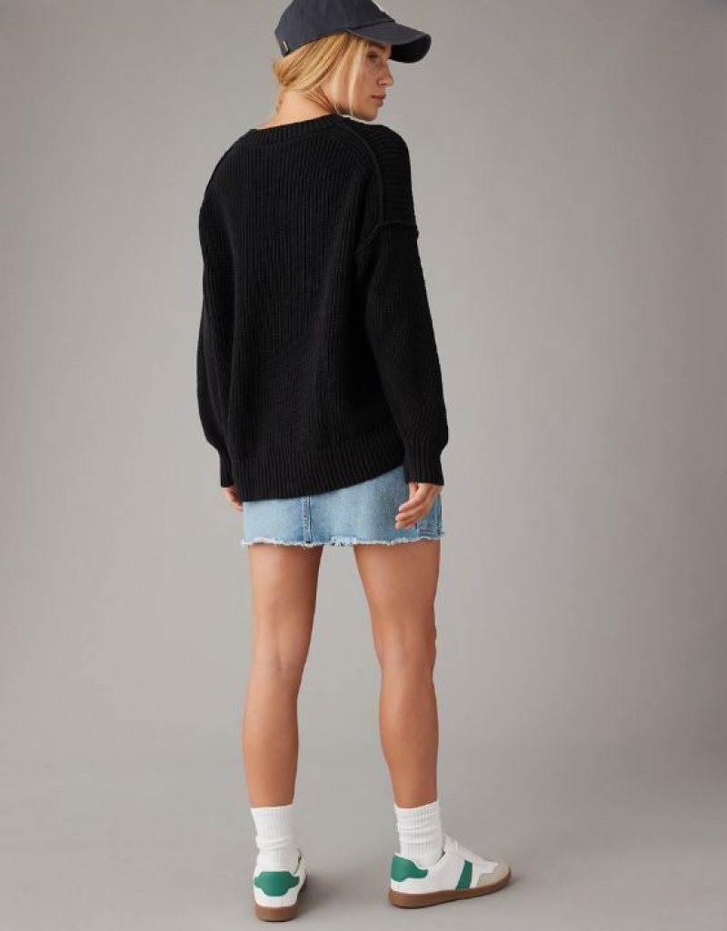 Aerie Long Weekend Crewneck Sweater Black | 9148IFUNQ