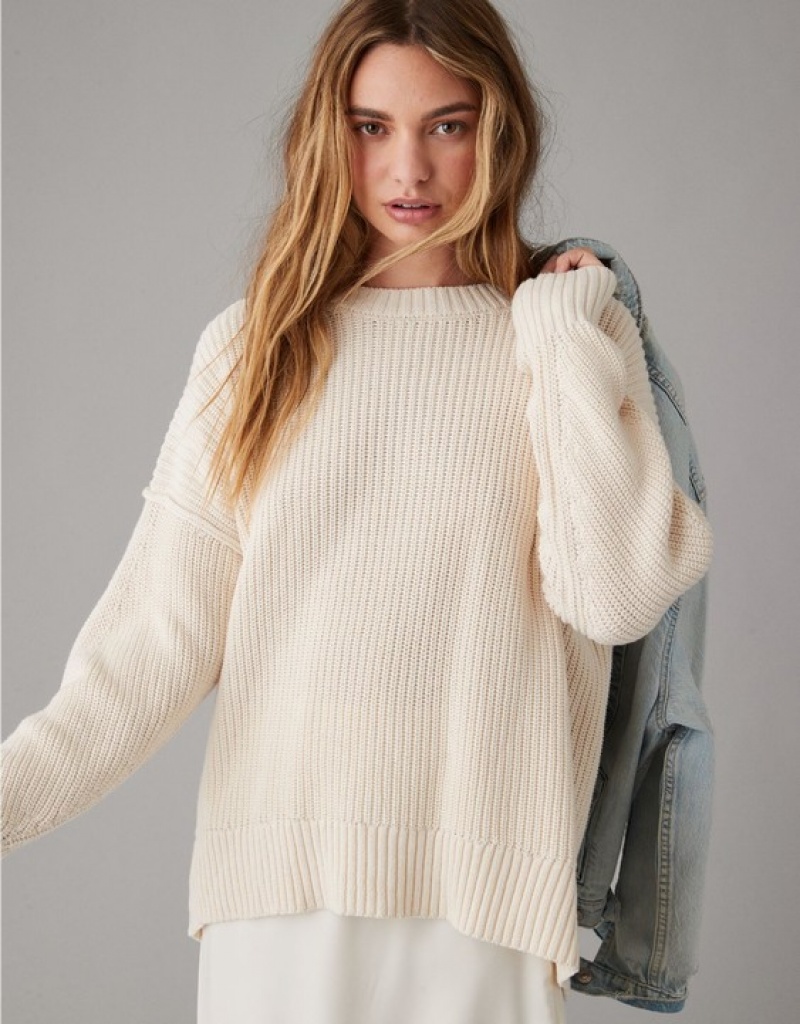 Aerie Long Weekend Crewneck Sweater Cream | 8104XBLJD