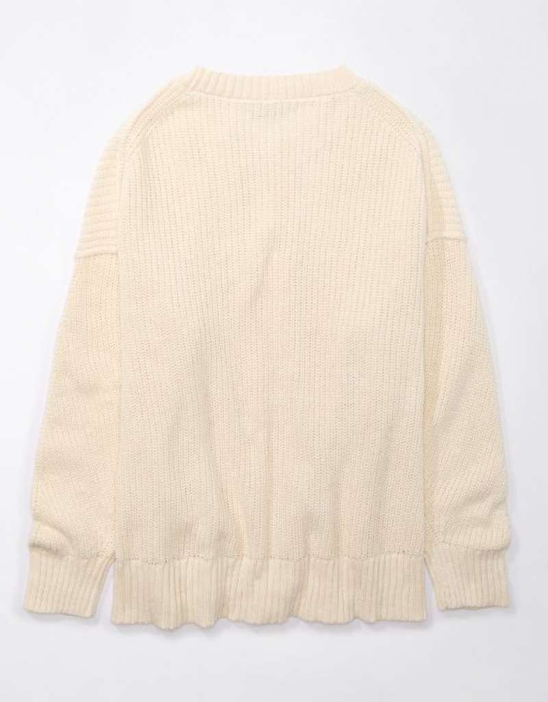 Aerie Long Weekend Crewneck Sweater Cream | 8104XBLJD