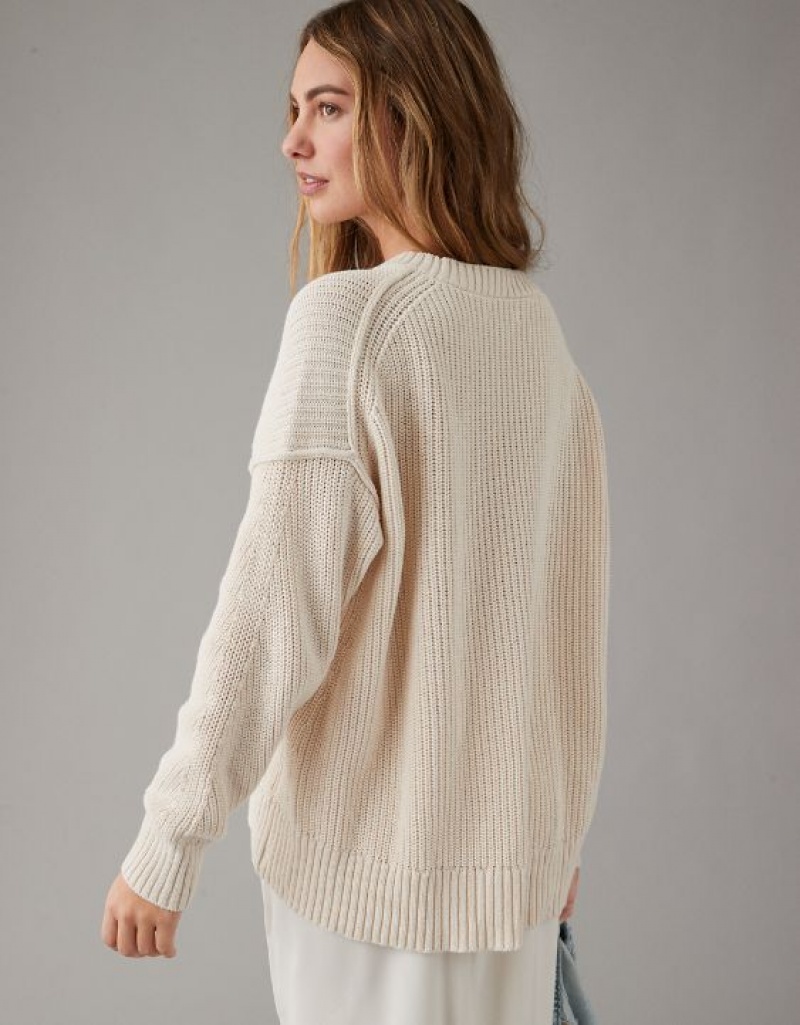 Aerie Long Weekend Crewneck Sweater Cream | 8104XBLJD