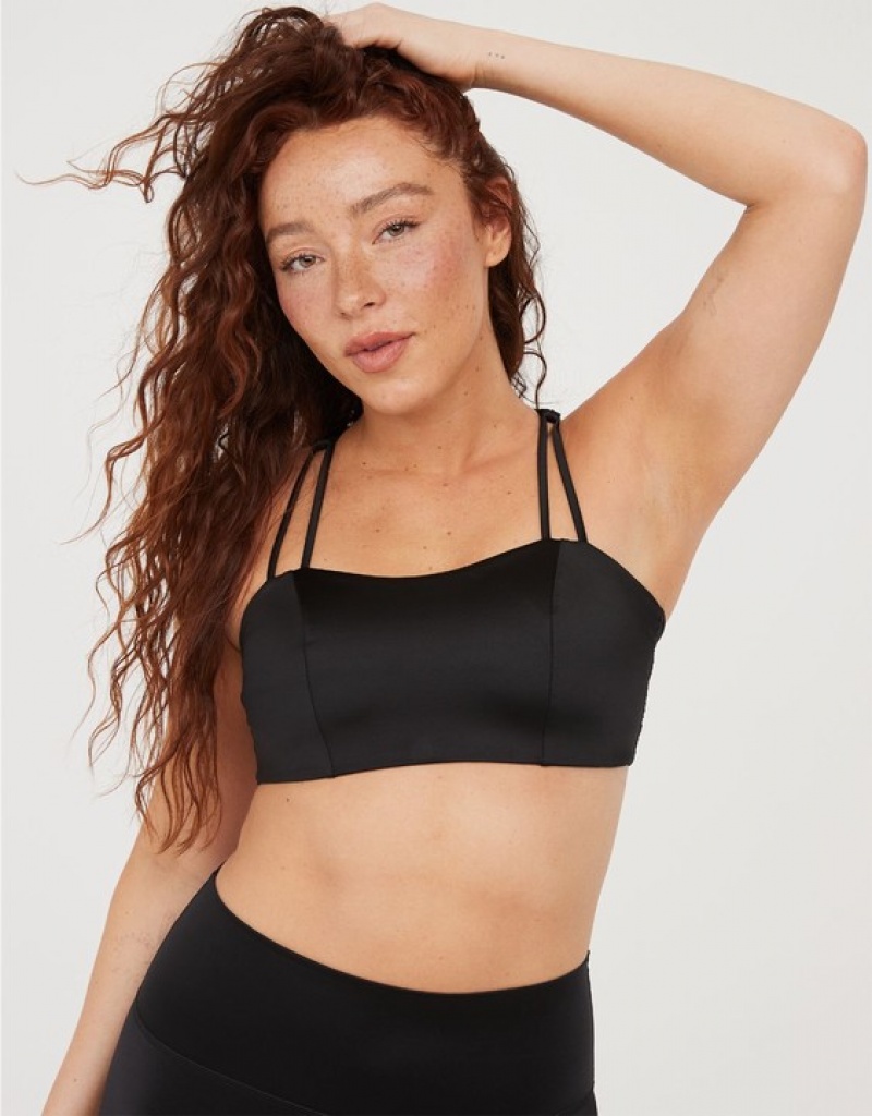 Aerie OFFLINE By Liquid Shine Strappy Sports Bras Black | 3428CZAGU