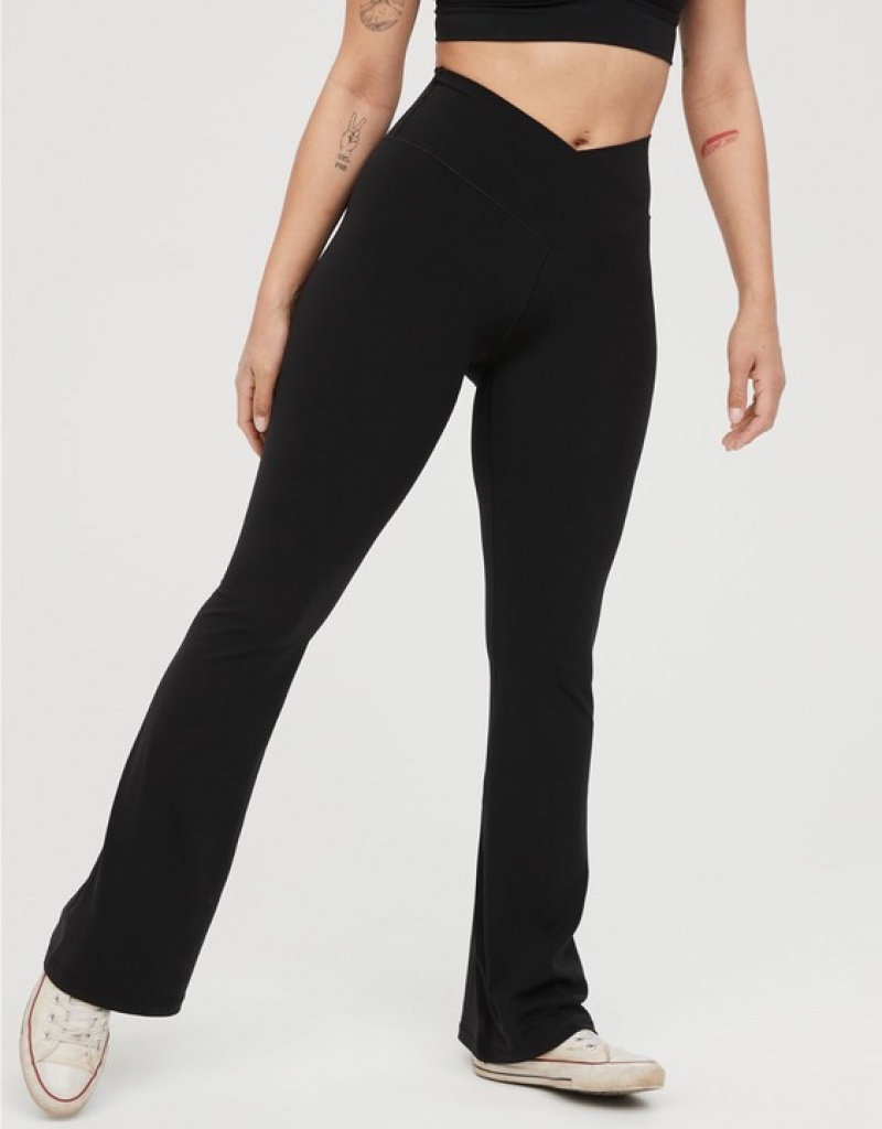 Aerie OFFLINE By Real Me High Waisted Crossover Flare Leggings Black | 6012GZUQM