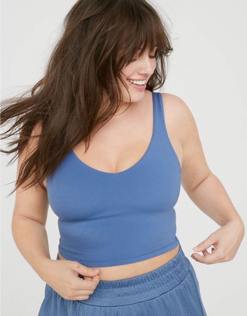 Aerie OFFLINE By Real Me Low Key Longline Sports Bras Blue | 8109KPIOX