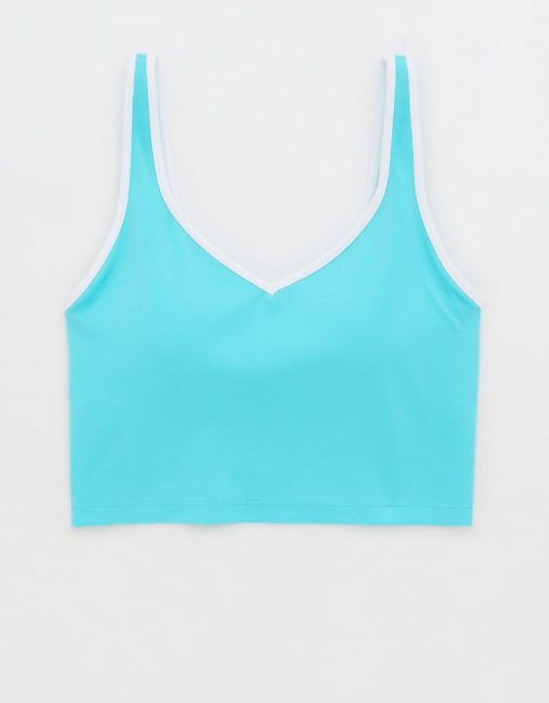 Aerie OFFLINE By Real Me Low Key Longline Sports Bras Blue | 9603VJOQU