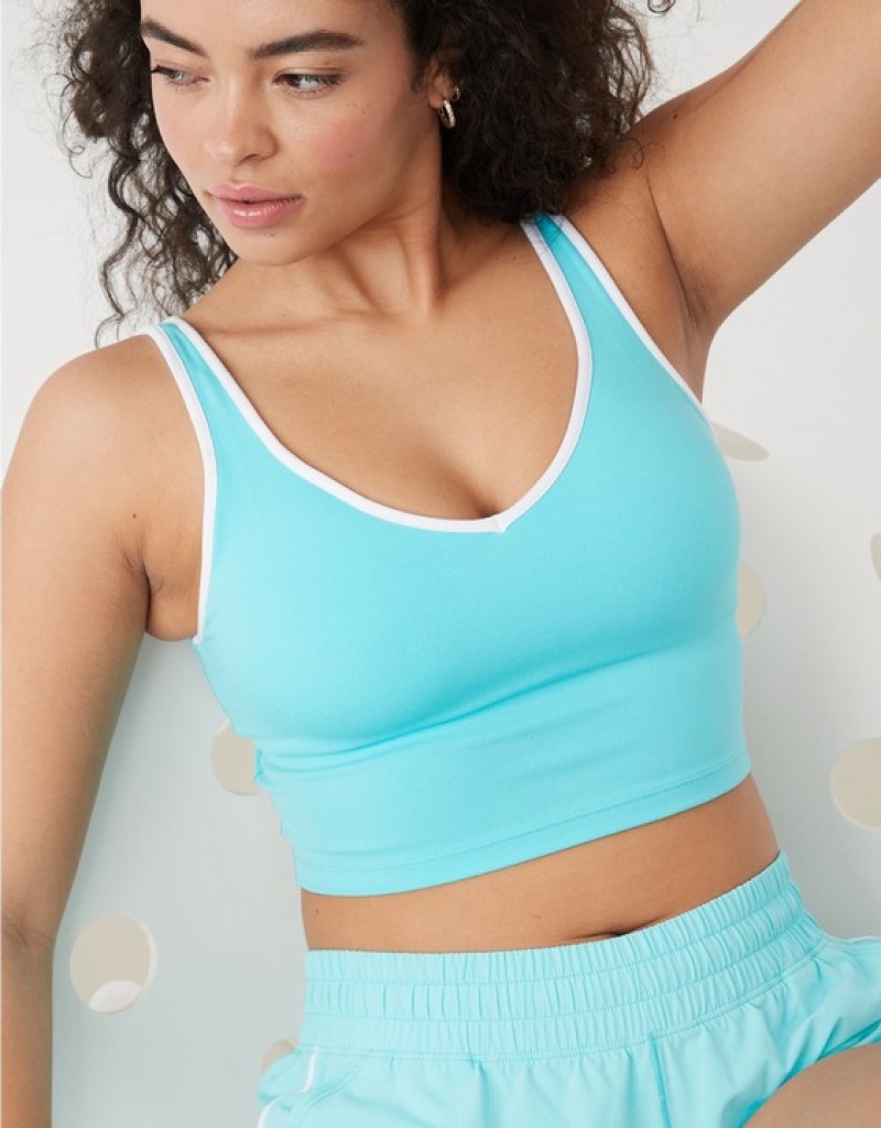 Aerie OFFLINE By Real Me Low Key Longline Sports Bras Blue | 9603VJOQU