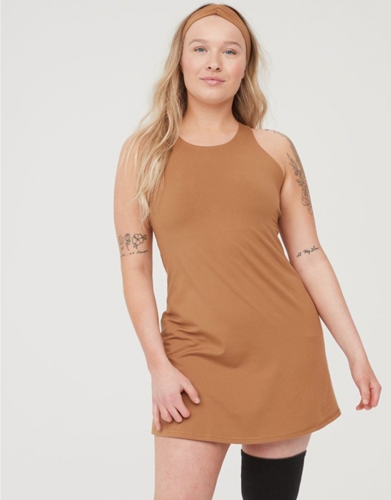 Aerie OFFLINE By The Hugger High Neck Dress Brown | 0386DSUAO