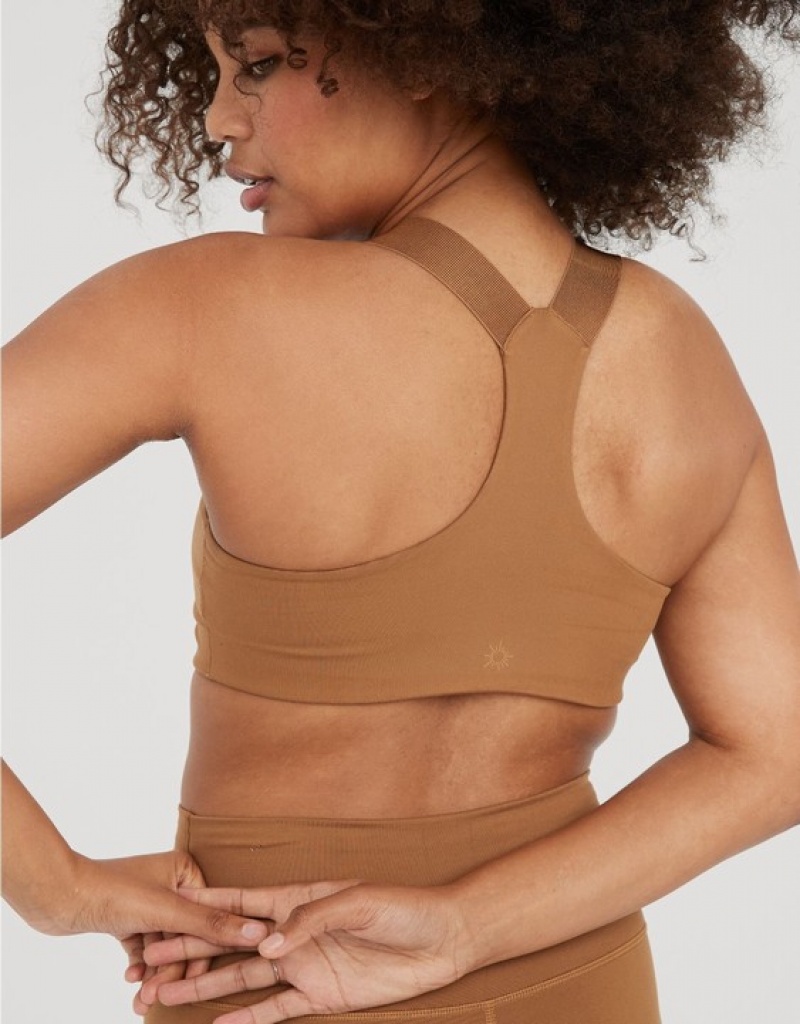 Aerie OFFLINE By The Hugger Racerback Sports Bras Brown | 9761SKHBQ