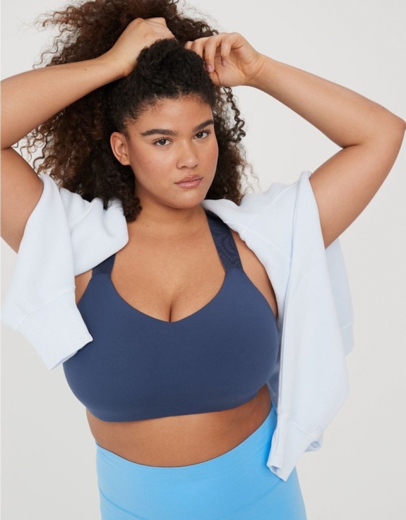 Aerie OFFLINE By The Hugger Racerback Sports Bras Blue | 9763HNBCZ