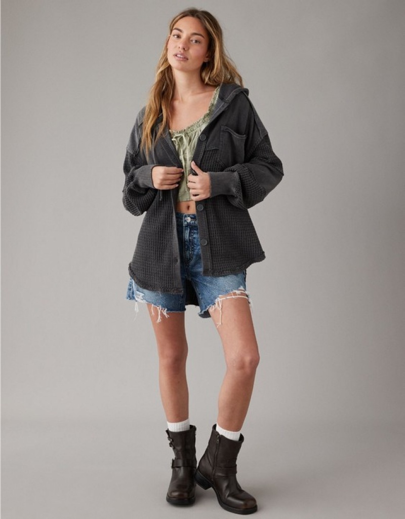 Aerie Oversized Big Hug Shacket Sweatshirts Black | 2430GWANL