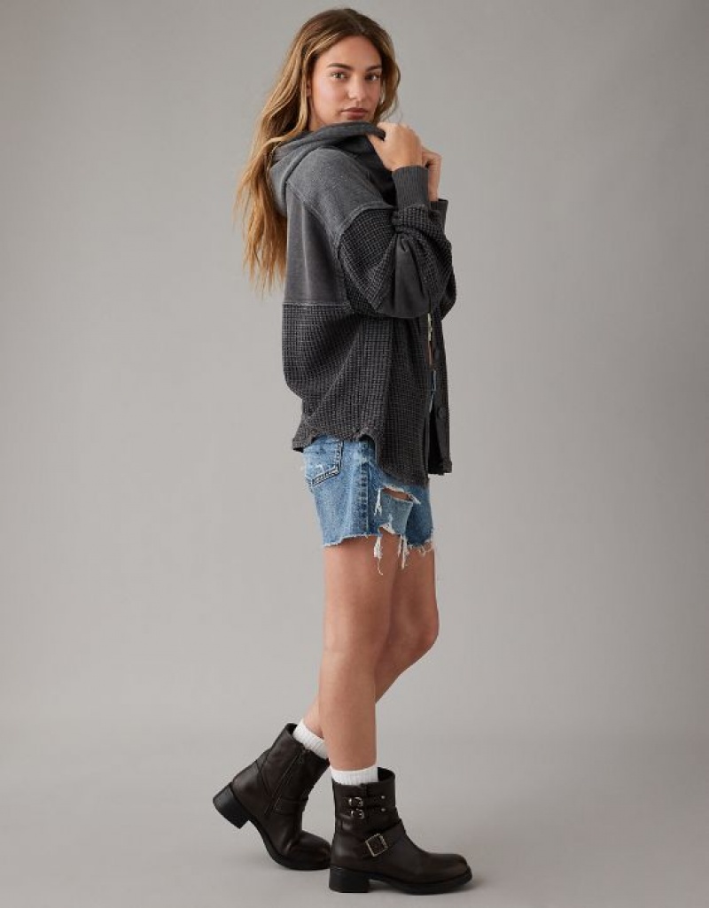 Aerie Oversized Big Hug Shacket Sweatshirts Black | 2430GWANL