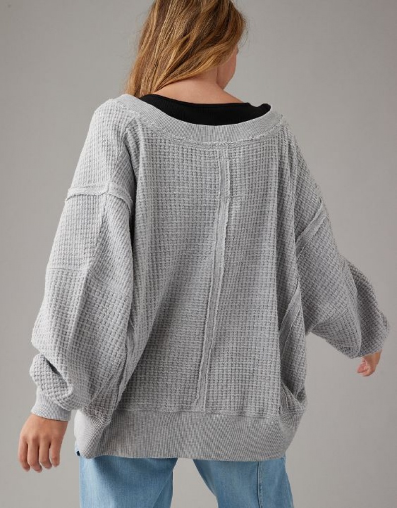 Aerie Oversized Big Hug Waffle V-Neck Sweatshirts Grey | 3029VSPCO