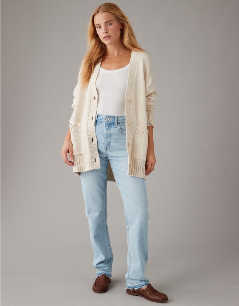 Aerie Oversized Button-Front Long-Length Cardigan Cream | 4102NDSXO