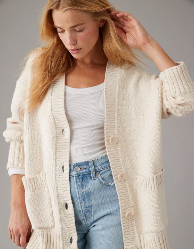 Aerie Oversized Button-Front Long-Length Cardigan Cream | 4102NDSXO