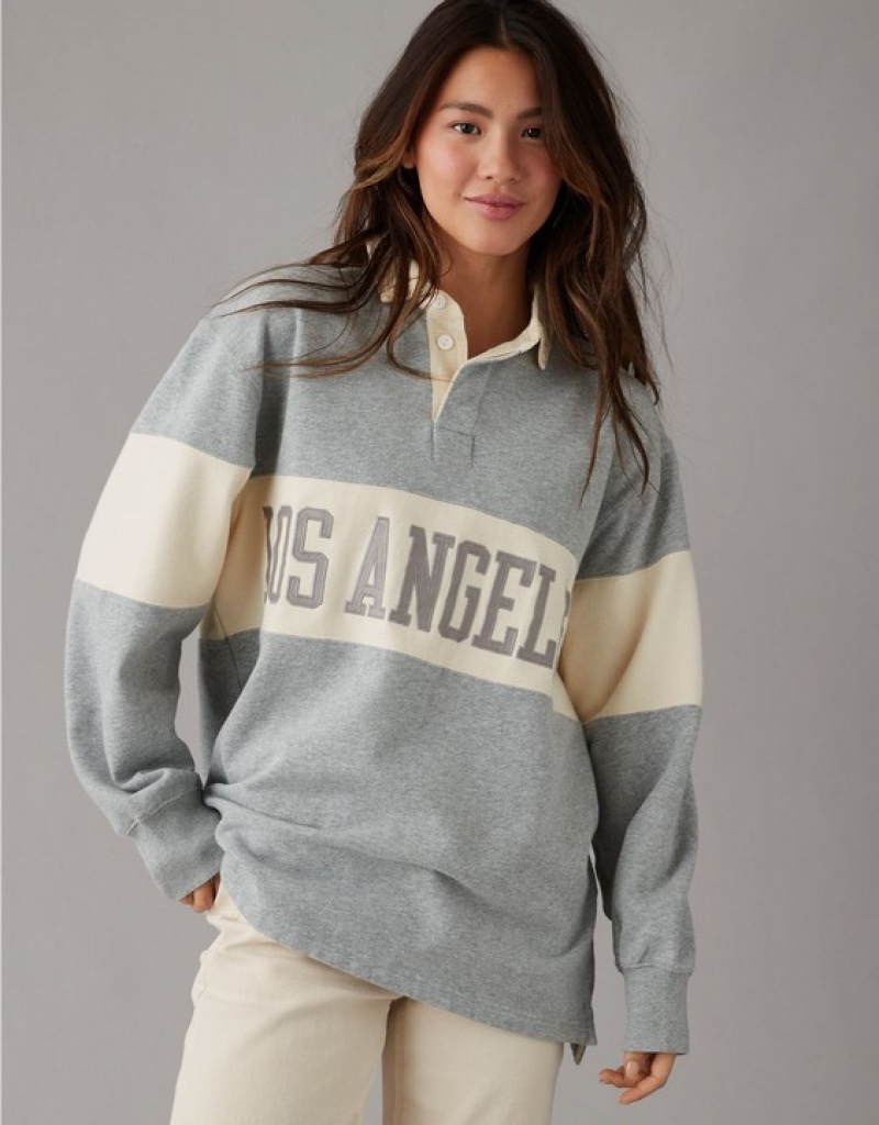 Aerie Oversized Los Angeles Polo Fleece Sweatshirts Grey | 8530PMAEU