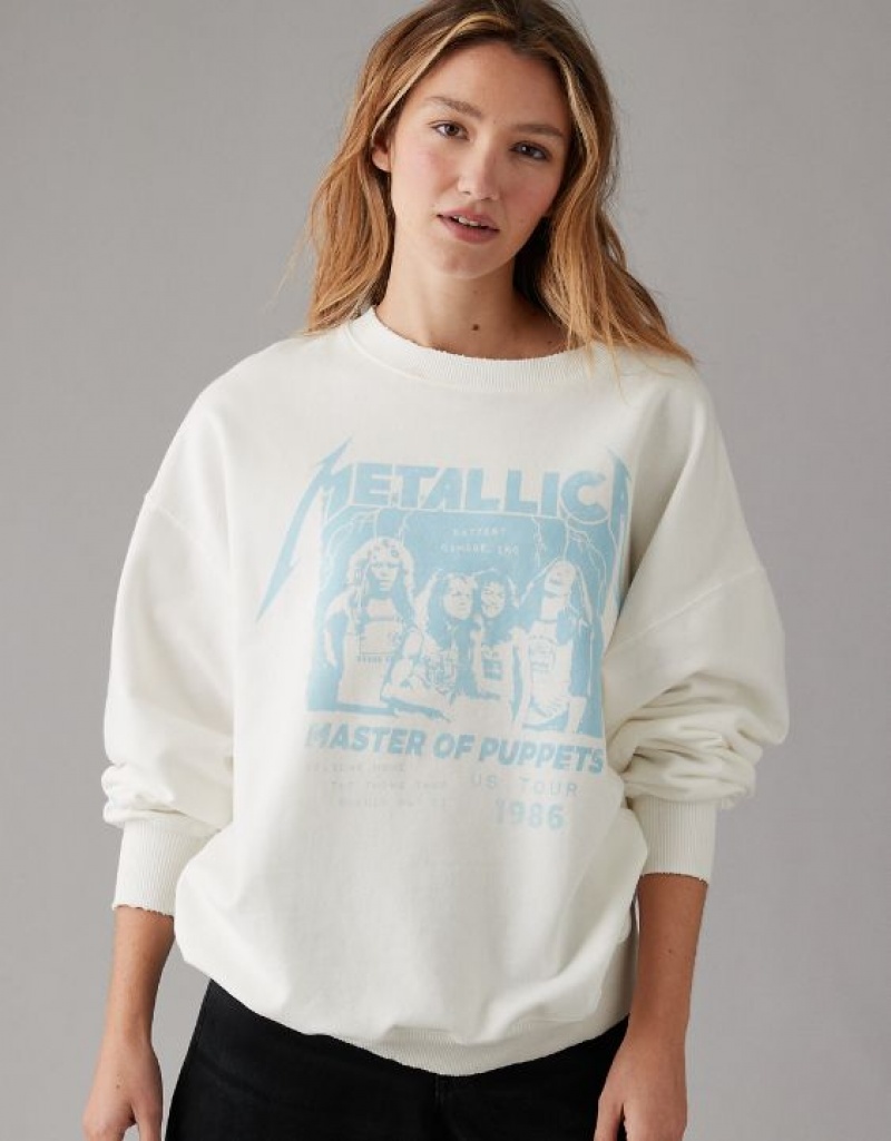 Aerie Oversized Metallica Graphic Sweatshirts Beige / White | 3194CKWNO