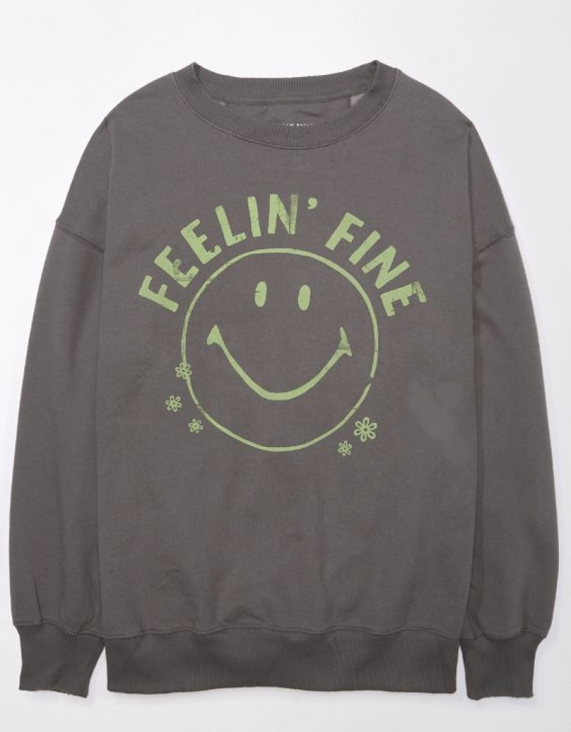 Aerie Oversized Smiley Graphic Sweatshirts Grey | 7168FMLQJ