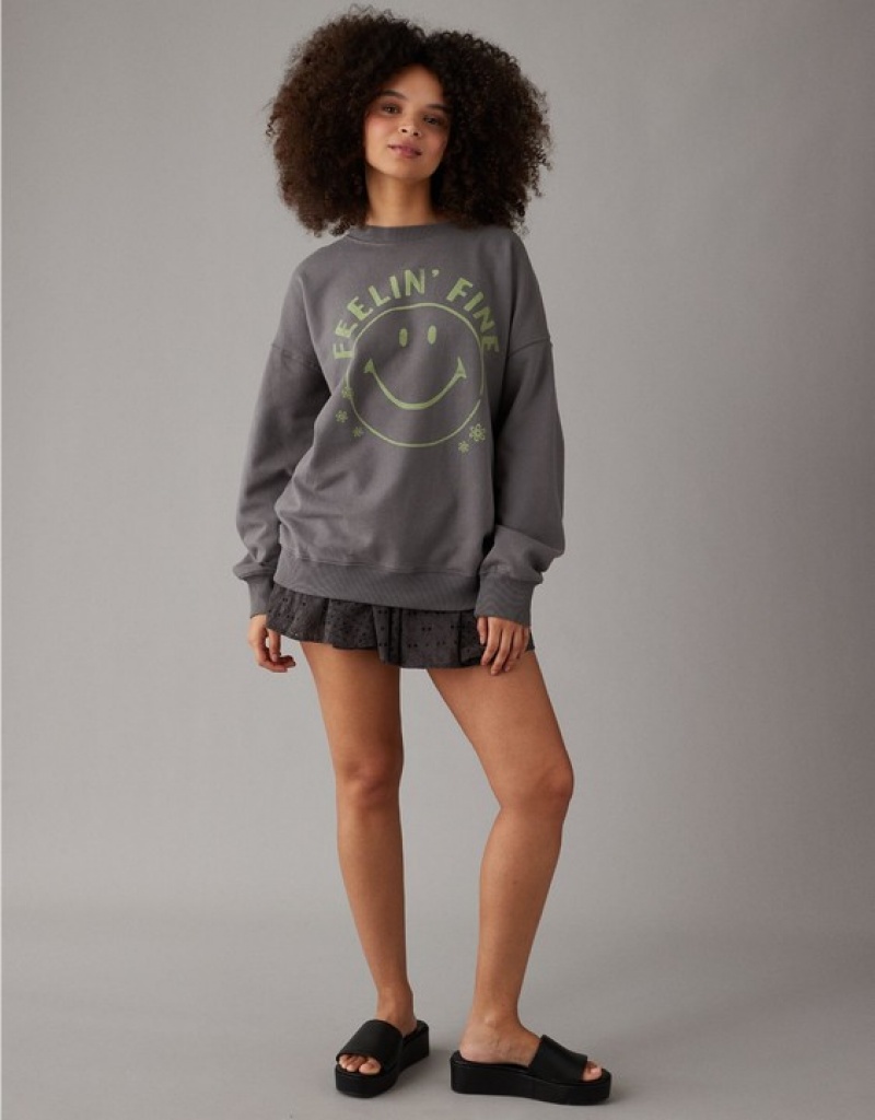 Aerie Oversized Smiley Graphic Sweatshirts Grey | 7168FMLQJ