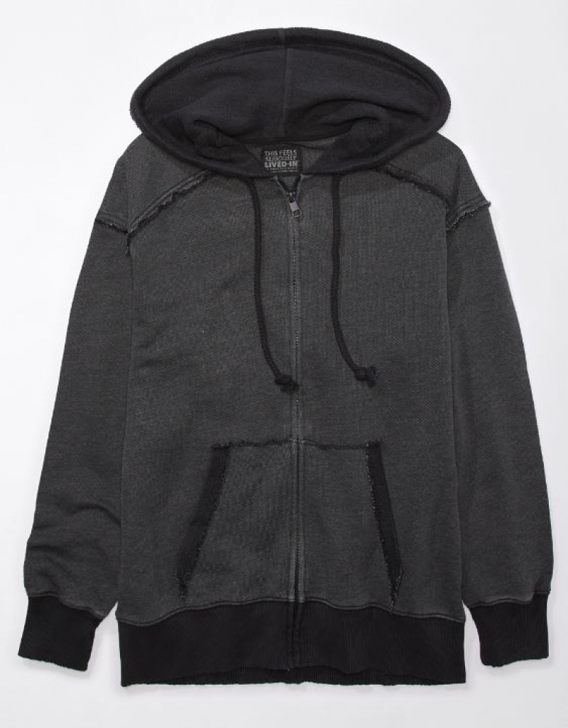 Aerie Oversized Washed Zip-Up Hoodie Black | 2571WIFUV