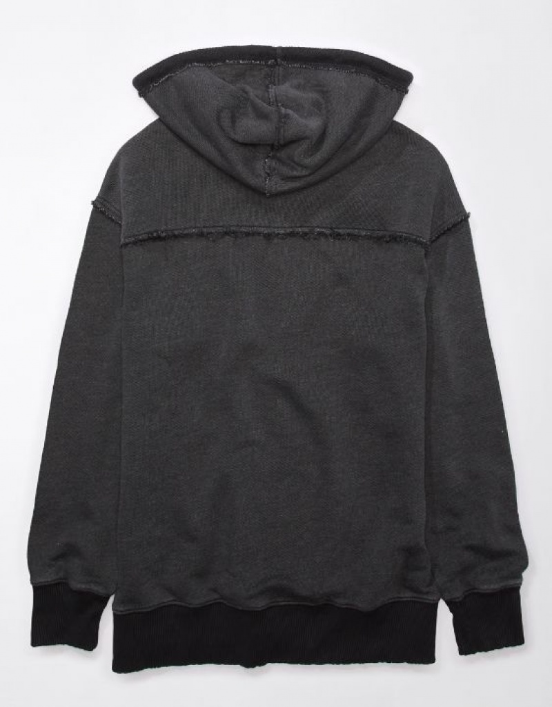 Aerie Oversized Washed Zip-Up Hoodie Black | 2571WIFUV