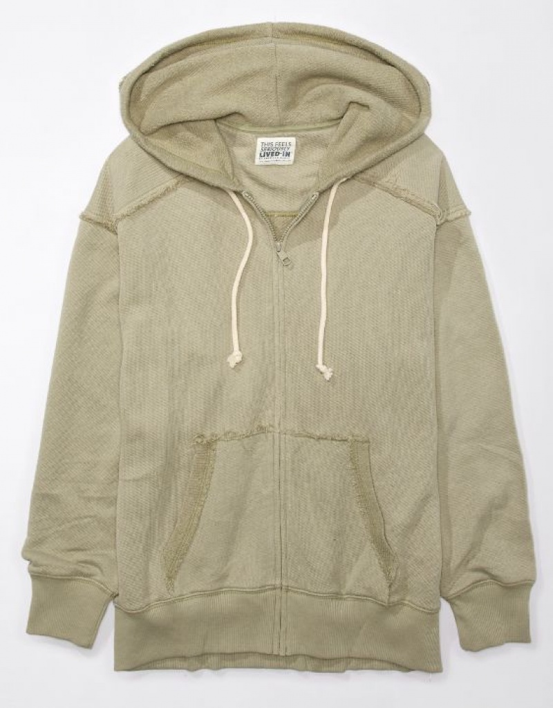 Aerie Oversized Washed Zip-Up Hoodie Olive | 2415CRHZT