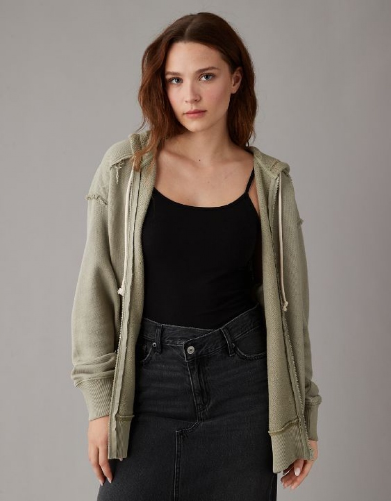 Aerie Oversized Washed Zip-Up Hoodie Olive | 2415CRHZT