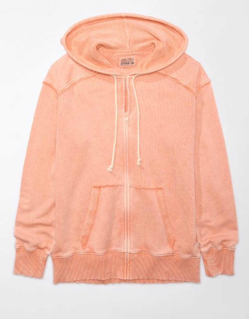 Aerie Oversized Washed Zip-Up Hoodie Orange | 0293MTJSQ