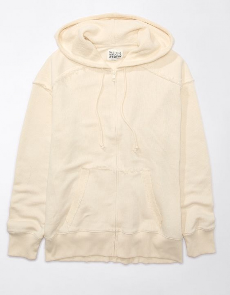 Aerie Oversized Washed Zip-Up Hoodie White | 1382LRABJ