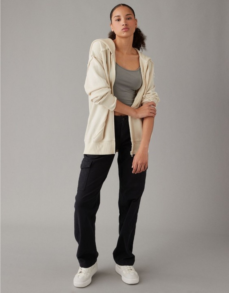 Aerie Oversized Washed Zip-Up Hoodie White | 1382LRABJ