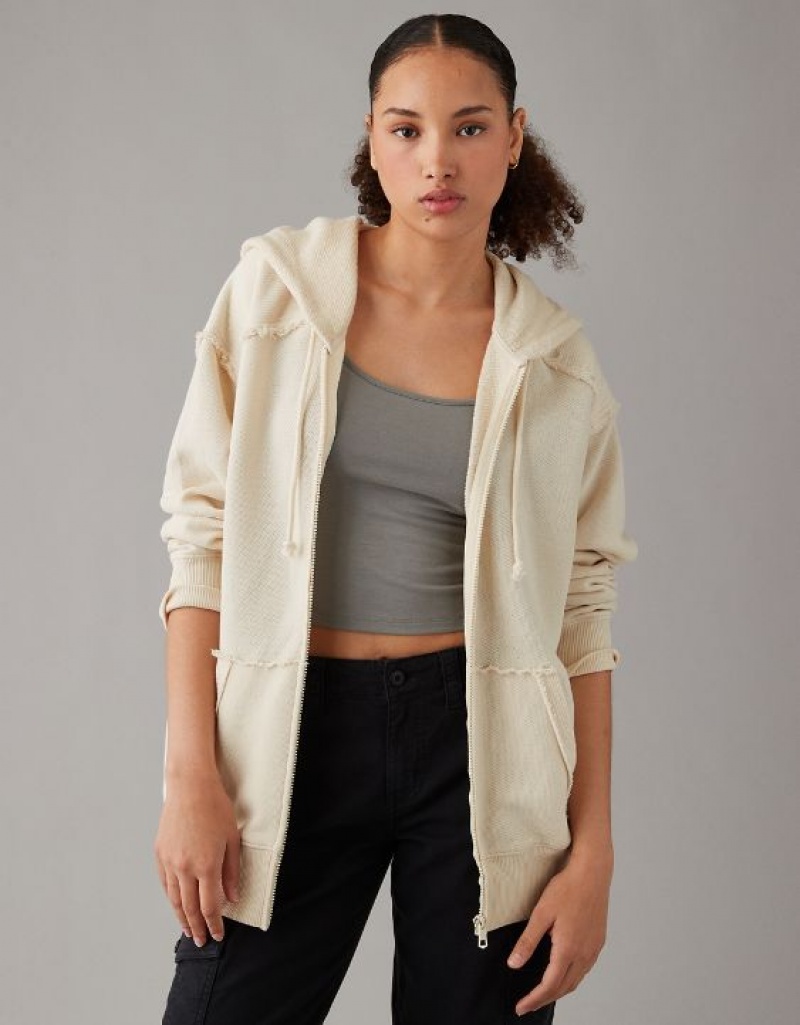 Aerie Oversized Washed Zip-Up Hoodie White | 1382LRABJ