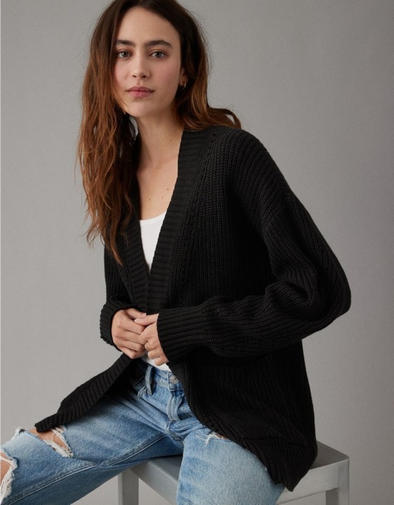 Aerie Pointelle-Knit Cardigan Black | 7152MDGYH