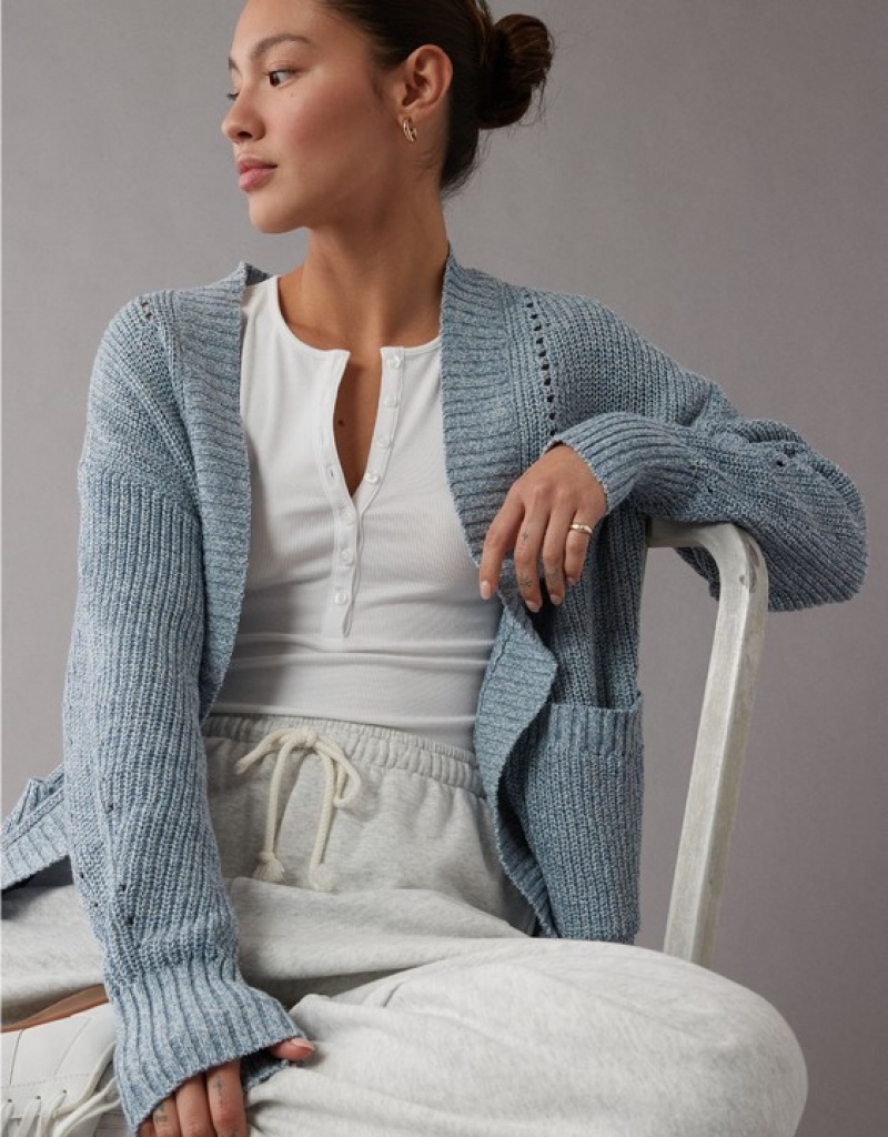 Aerie Pointelle-Knit Cardigan Blue | 6185XZLKY