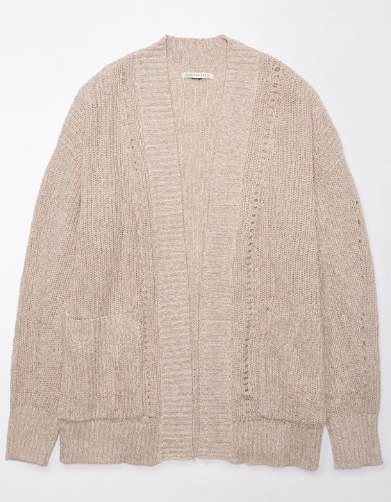 Aerie Pointelle-Knit Cardigan Brown | 8423IFCGJ