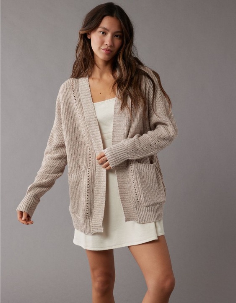 Aerie Pointelle-Knit Cardigan Brown | 8423IFCGJ