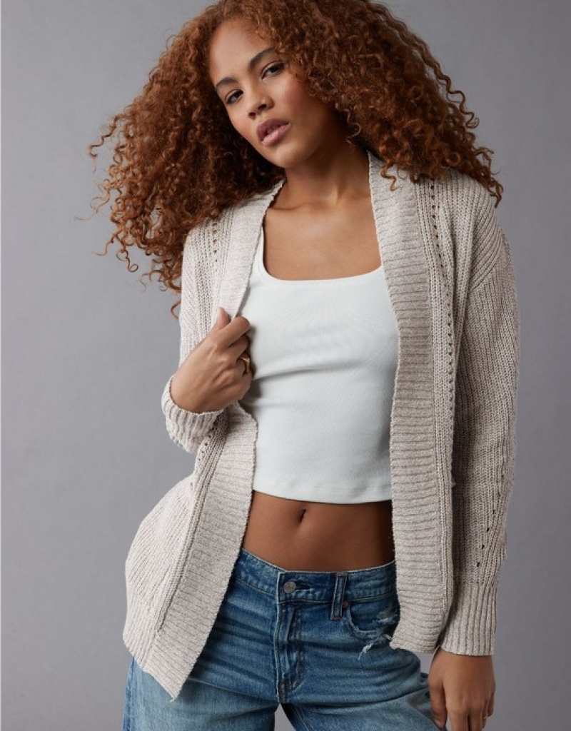 Aerie Pointelle-Knit Cardigan Grey | 7431TLJCE