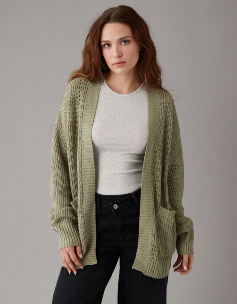 Aerie Pointelle-Knit Cardigan Olive | 0136SCFEU