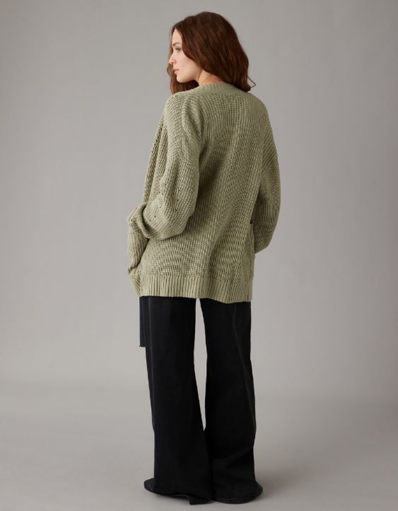 Aerie Pointelle-Knit Cardigan Olive | 0136SCFEU