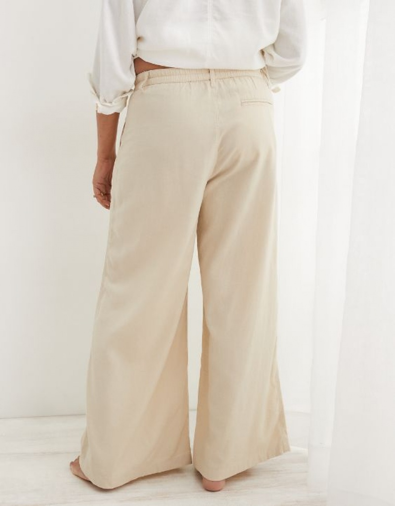 Aerie Pool-To-Party Linen Edition High Waisted Pants Beige | 4970NGMHO