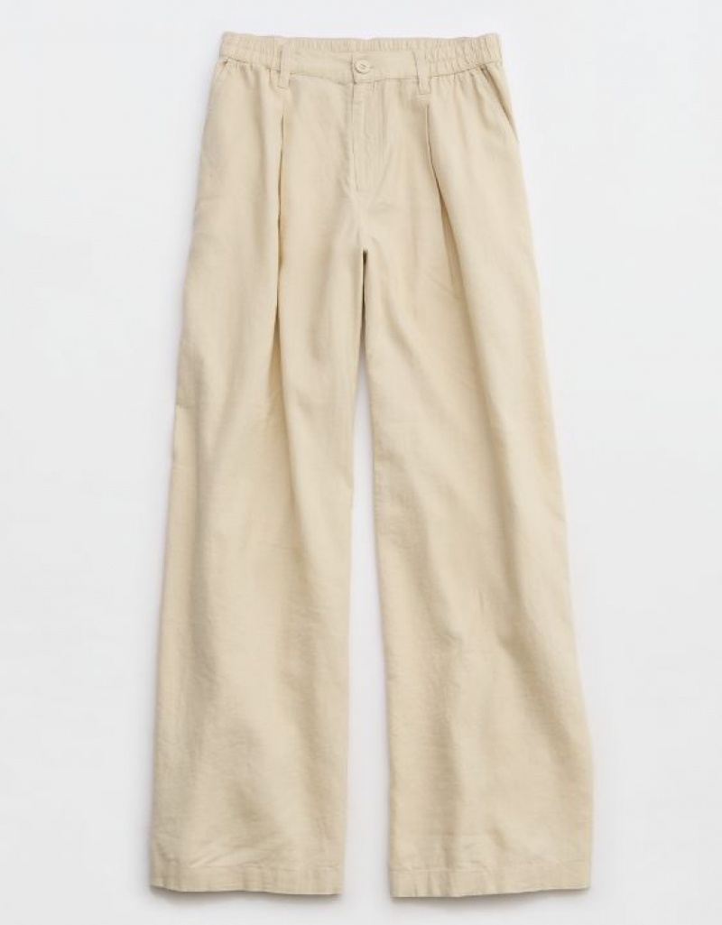 Aerie Pool-To-Party Linen Edition High Waisted Pants Beige | 4970NGMHO