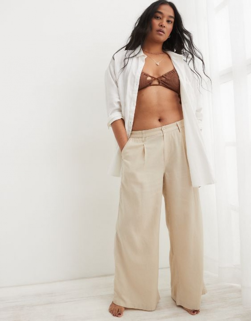 Aerie Pool-To-Party Linen Edition High Waisted Pants Beige | 4970NGMHO