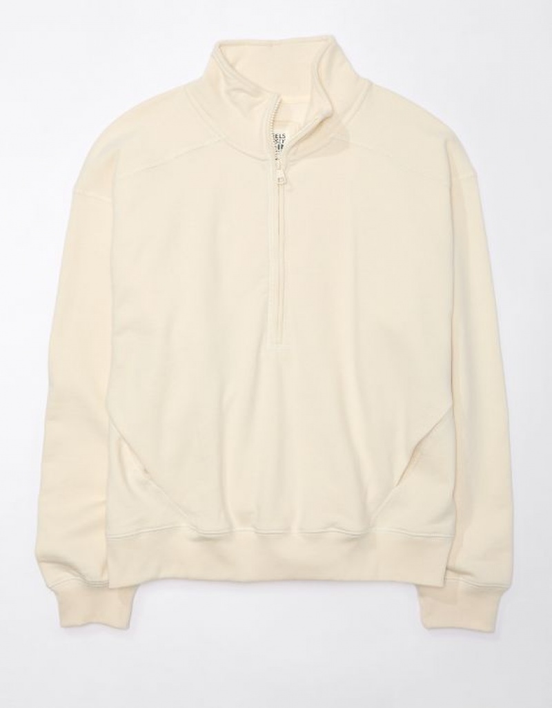 Aerie Quarter-Zip Fleece Sweatshirts Cream | 5680UXGKT