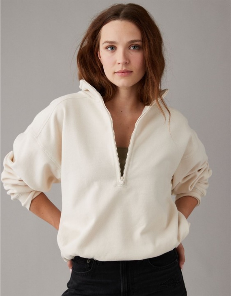 Aerie Quarter-Zip Fleece Sweatshirts Cream | 5680UXGKT