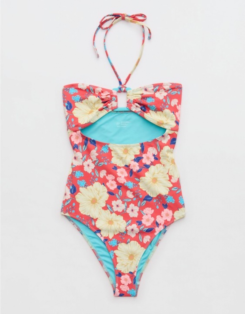 Aerie Ring Bandeau One Piece Swimsuits Red | 6907YPQIW