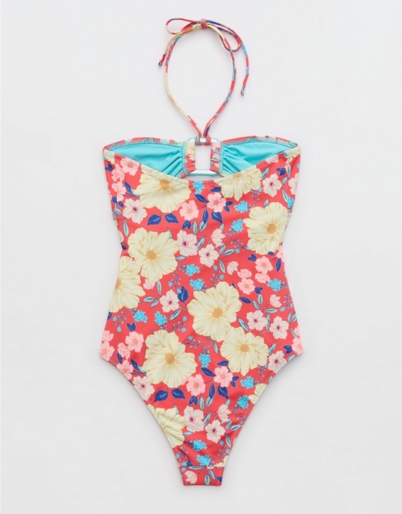 Aerie Ring Bandeau One Piece Swimsuits Red | 6907YPQIW