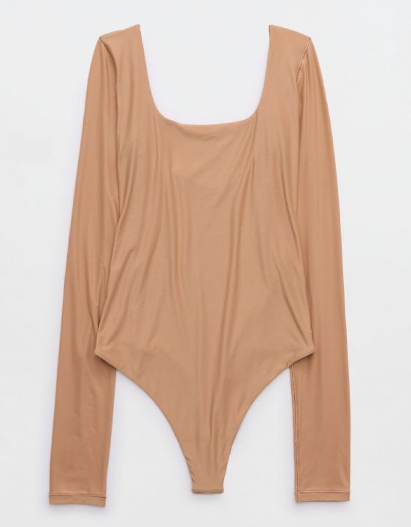 Aerie SMOOTHEZ Long Sleeve Bodysuit Beige | 2409IOECA