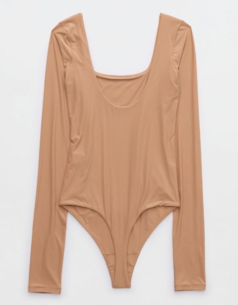 Aerie SMOOTHEZ Long Sleeve Bodysuit Beige | 2409IOECA