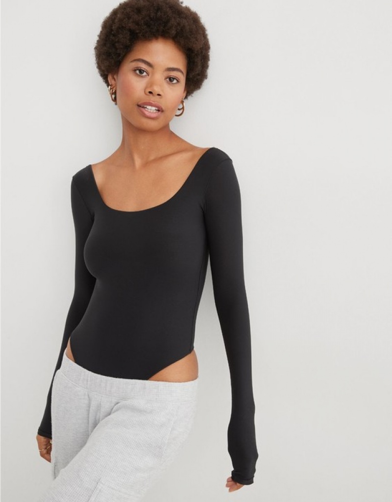 Aerie SMOOTHEZ Long Sleeve Bodysuit Black | 7831SZWTI