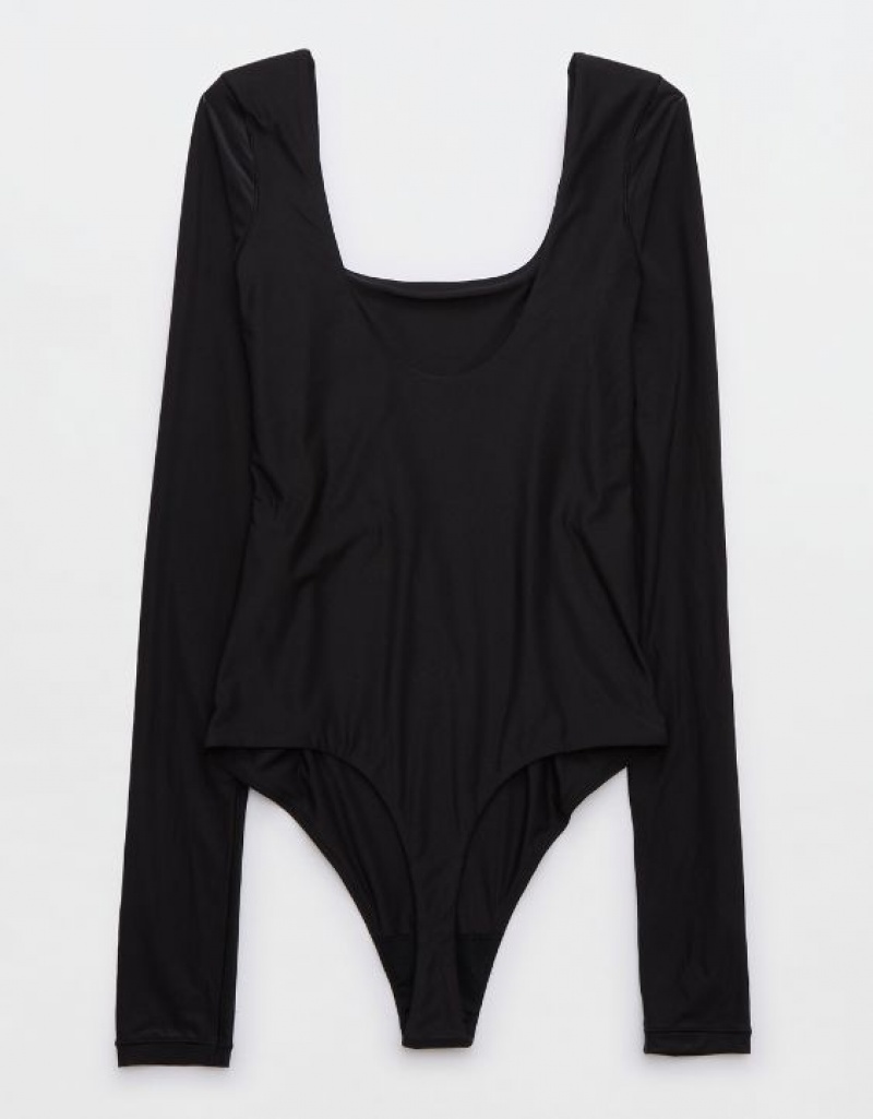 Aerie SMOOTHEZ Long Sleeve Bodysuit Black | 7831SZWTI