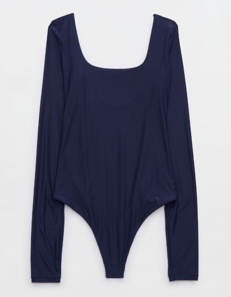 Aerie SMOOTHEZ Long Sleeve Bodysuit Navy | 5624LAKWQ