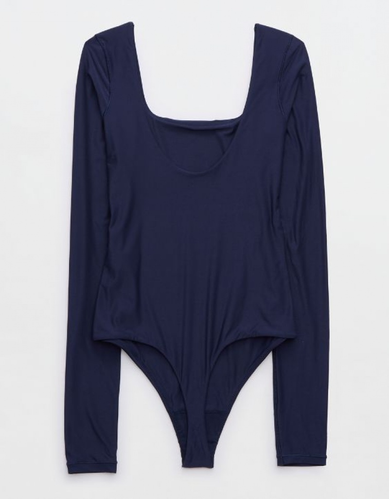 Aerie SMOOTHEZ Long Sleeve Bodysuit Navy | 5624LAKWQ